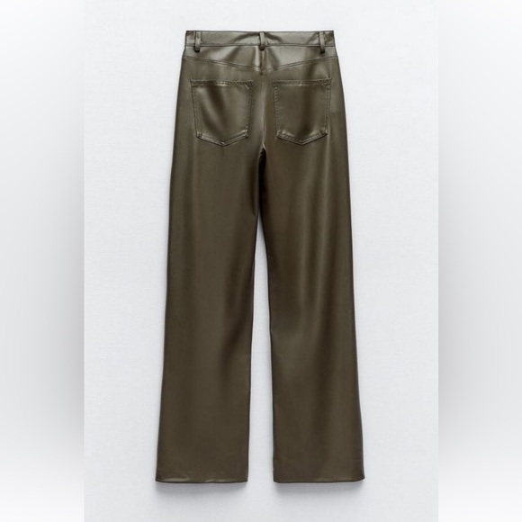 Zara High Waist Khaki Green Faux Leather Straight Wide Leg Trousers  size L , - Picture 5 of 6